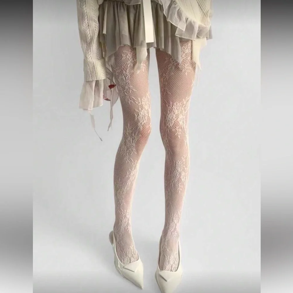 Floral stockings net mesh Elegant Lace Patterned Tights - Cream